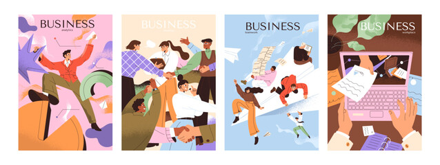 Naklejka na ściany i meble Set of posters with business concept. Employees are coworking. Workflow of businessmen, processes of office work: getting offer, teamwork, analysis, management, deadlines. Flat vector illustrations