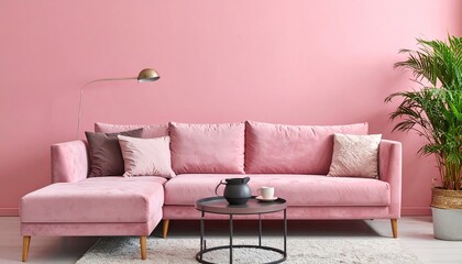 pink, velvet sofa, plant, coffee table with pot and cups on a lastrico wall