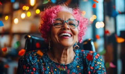 Happy disabled mature Black lesbian with pink hair in a wheelchair at a summer office party. Inclusion and diversity at Pride Month. Inclusive elderly gay woman, Generative AI