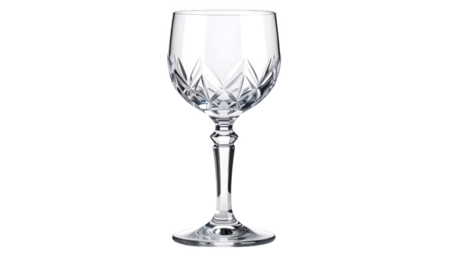 Clear crystal wine glass with etched pattern isolated on transparent background