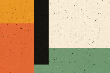 Mid-century modern abstract background with retro color blocks. Flat illustration style with minimal geometric shapes and a textured background. Vintage poster aesthetic.