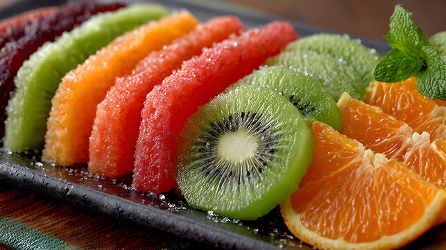 Vibrant and artistic fruit platter composition featuring slices of kiwi, cantaloupe, and fresh orange - Powered by Adobe