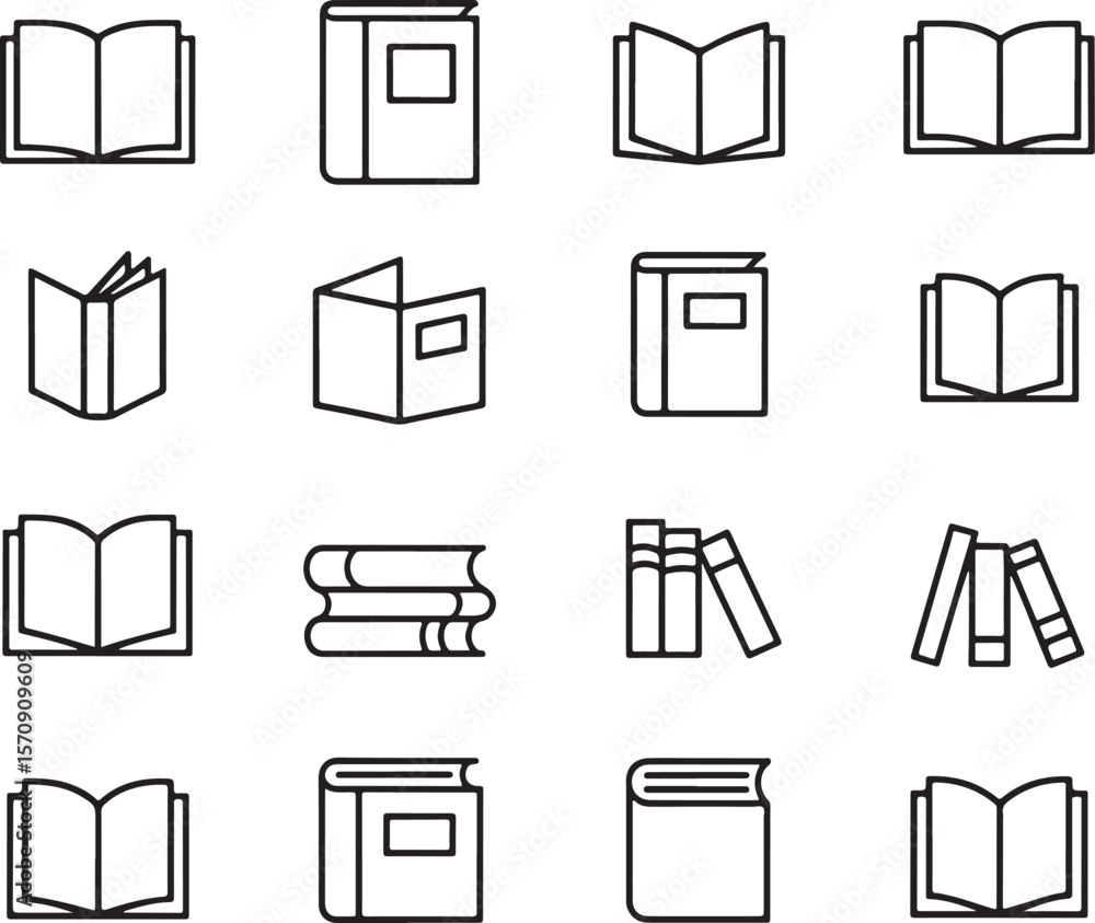 Poster a collection of book icons depicting various states open closed stacked and leaning styles in a simp