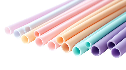 • A trendy collection of reusable silicone straws in pastel shades, isolated on white background in HD 