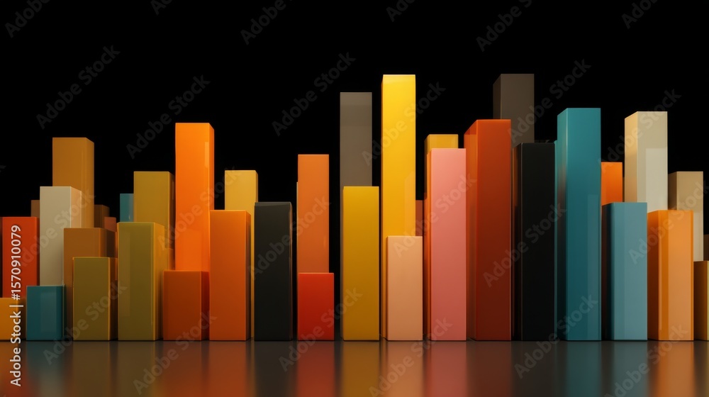 Poster a d bar graph with tall, glossy pillars in various colors rising from a reflective surface, symboliz