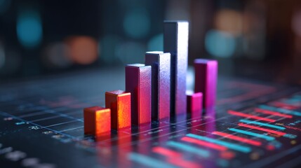 A D bar chart with metallic, gradient bars rising from a financial graph, showing growth and progress, with a modern digital interface in the background