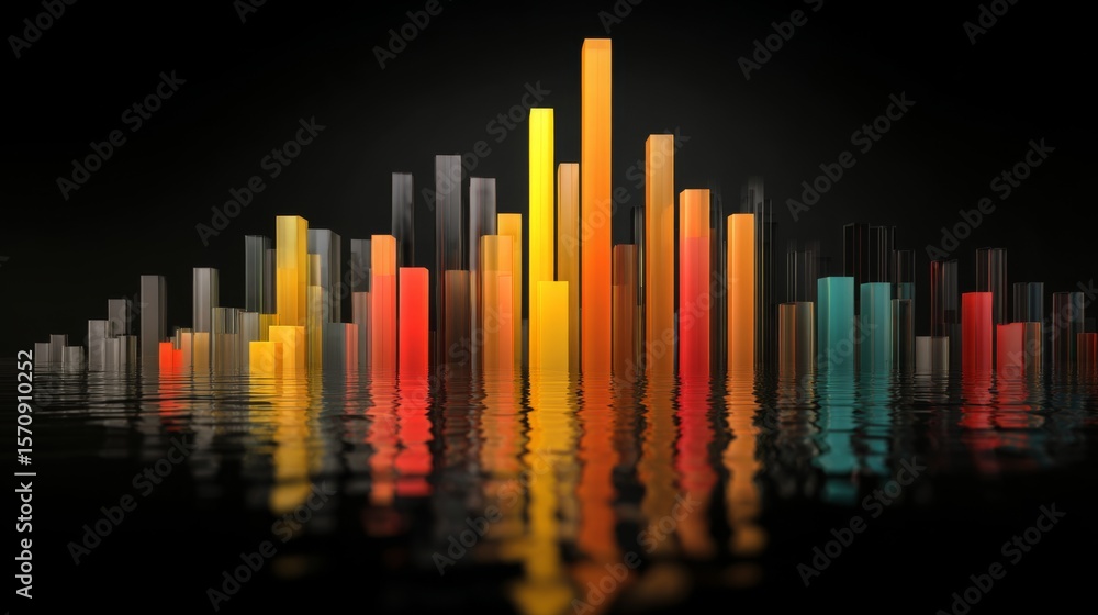 Poster a d bar graph with tall, glossy pillars in various colors rising from a reflective surface, symboliz