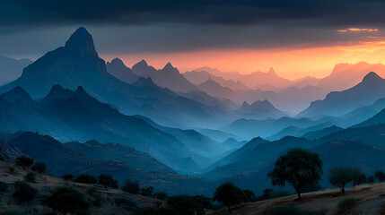 Majestic mountain range landscape at sunset with dramatic sky and blue hues