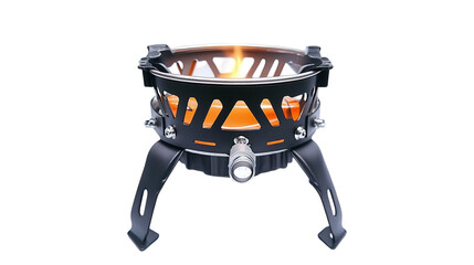 • A trendy foldable camping stove with multi-fuel capability, isolated on white background in HD 