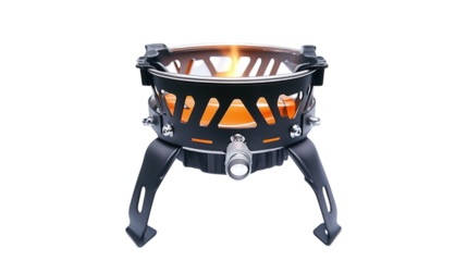 • A trendy foldable camping stove with multi-fuel capability, isolated on white background in HD 