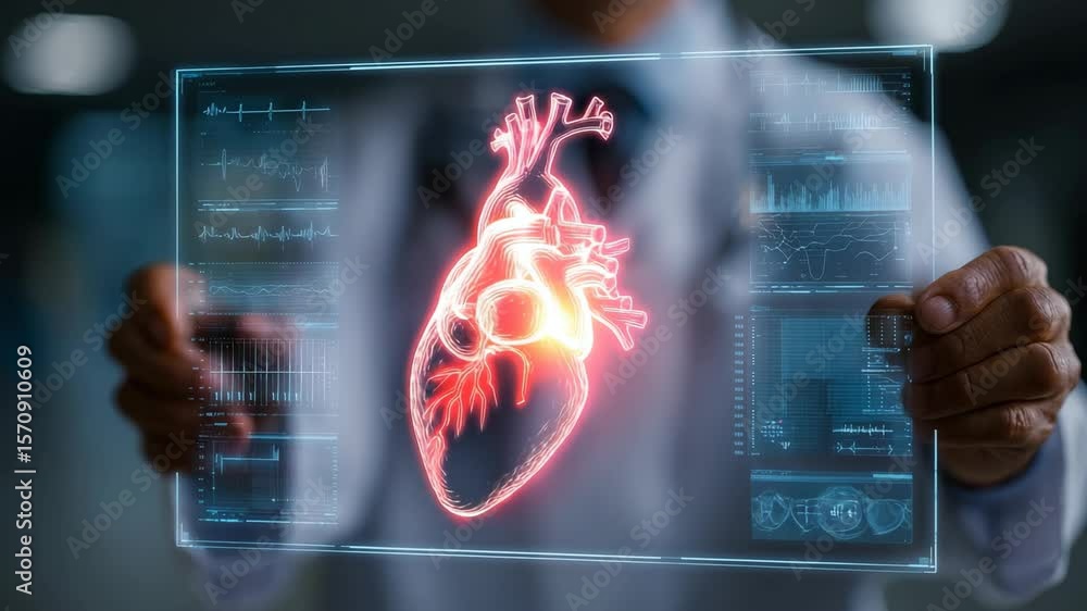 Poster heart analysis on transparent screen. doctor in lab coat holds screen with digital heart image and d
