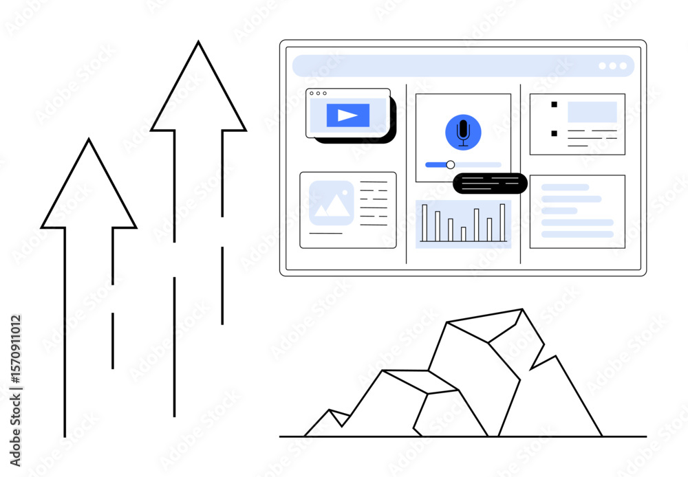 Aufkleber digital analytics dashboard with charts and notifications, arrows symbolizing growth, rocks signifyi