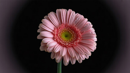 A close-up photograph of a single pink Gerbera daisy flower against a pure black background.