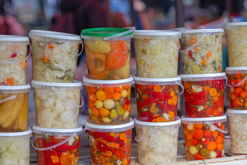 Pickled Mix Vegetables Preserve in Plastic Buckets at Farmers Market