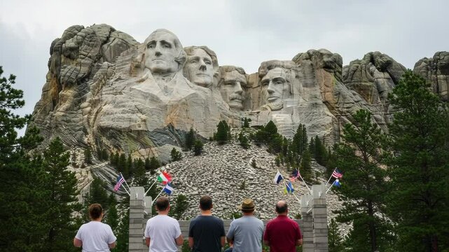 Tourists gaze at mount rushmore national memorial on a cloudy day in south dakota