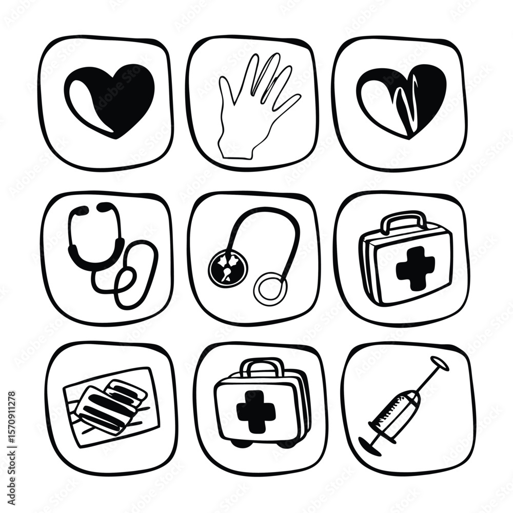 Poster comprehensive collection of care and support icons featuring a wide array of symbols representing he