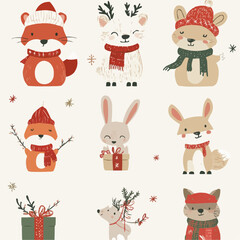 Bright flat winter animal set with cute festive details, scarves, gifts and smiling animals for nursery decor, holiday packaging, greeting cards and seasonal crafts