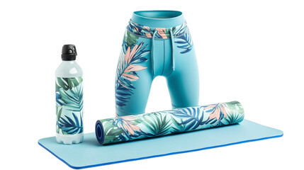 • A trendy gym outfit with a water bottle and yoga mat, isolated on white background in HD 