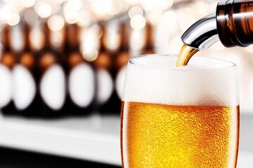 A close-up of a glass being filled with golden beer. The background features blurred brown beer bottles. The scene conveys a refreshing beverage concept.