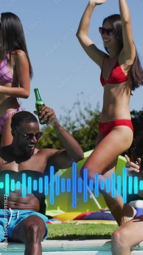 Aufkleber animation of data processing over diverse friends dancing at pool
