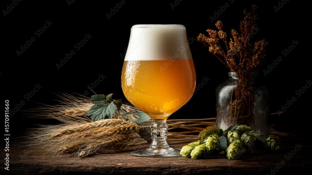 Aufkleber A beautifully styled image of a frothy beer in an elegant tulip glass, with hops and barley artfully arranged around it, creating a rustic yet sophisticated vibe