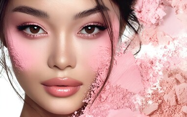 A close-up of an Asian model with pink blush powder on her face, a beauty product advertisement, beauty magazine photography, generative ai
