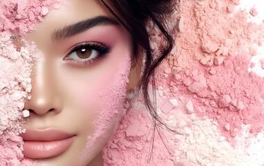 A close-up of an Asian model with pink blush powder on her face, a beauty product advertisement, beauty magazine photography, generative ai