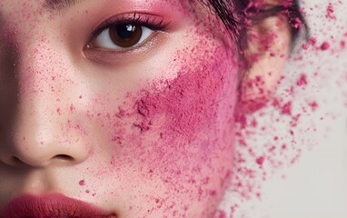 A close-up of an Asian model with pink blush powder on her face, a beauty product advertisement, beauty magazine photography, generative ai