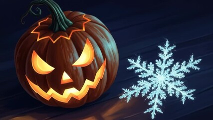 Jack lantern and glowing snowflake falling, a conceptual blend of halloween and winter holiday elements footage. - Powered by Adobe