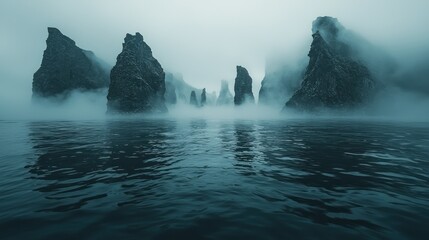 Misty rock formations rise from dark sea