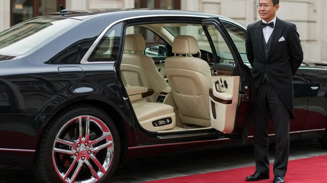 A chauffeur stands by a luxury car with an open door
