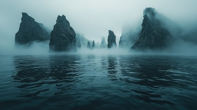 Misty rock formations rise from dark sea