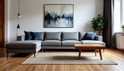 Pouf and wooden table in modern living room with painting above grey corner couch 