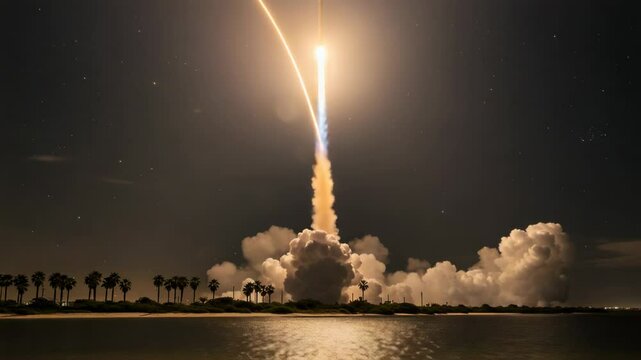 A bright rocket launches into the night sky from the coast