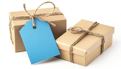 Two kraft paper gift boxes, tied with twine, one larger than the other, with a light blue tag on top