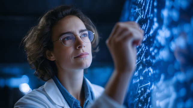 Futuristic Lab with Students Sketching Feynman Diagrams on Holo Blackboard