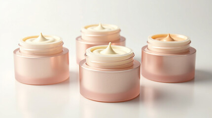 Luxurious blank cosmetic containers under a soft light against a pristine white backdrop. 