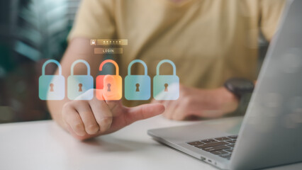 User hand touching unlock icon on digital interface with password login form. Concept of cybersecurity, access control, user authentication, data protection, and digital identity.