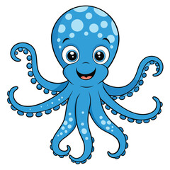 Cheerful blue cartoon octopus with tentacles and polka dots appears happy on white