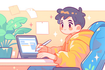 Programmer Festival employees work remotely at work online interview office illustration
