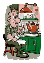 Humorous Cartoon Character Enjoying Tea in Cozy Kitchen Setting