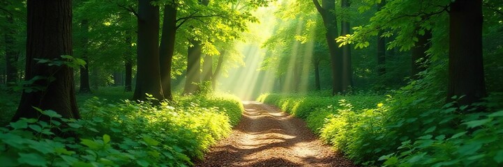 Sun-Dappled Forest Path A Magical Journey Through Lush Green Foliage, Perfect for Travel and Adventure Photography