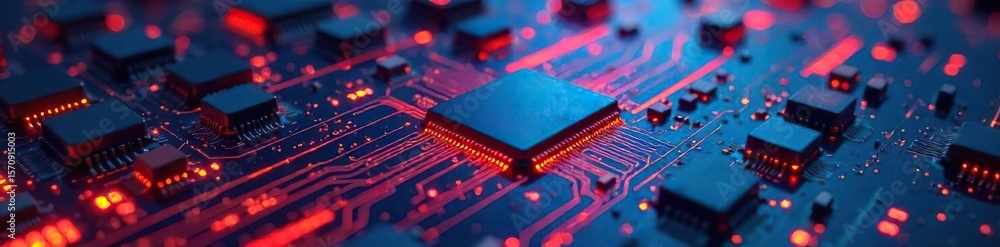 Fototapete vibrant stream of electronics close-up of intricate circuitry and microchips flowing, representing t