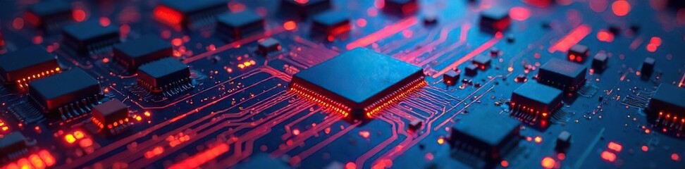 Vibrant Stream of Electronics Close-Up of Intricate Circuitry and Microchips Flowing, Representing Technological Innovation and the Power of Current GPU Processing.