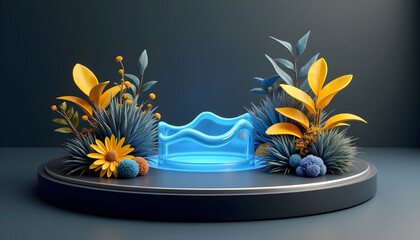 Illuminated Podium of Nature: A captivating composition featuring a modern, illuminated podium design, seamlessly merging nature's elements with a sleek, futuristic aesthetic.