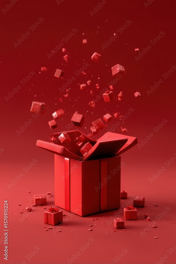 Poster red gift box with festive ribbons exploding with small presents