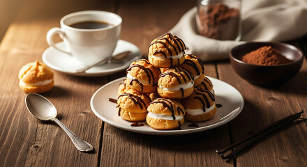 Cream puffs drizzled with chocolate sauce stacked on a plate, accompanied by coffee and cocoa powder on a wooden table.