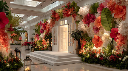 Grand Wedding Reception Stage with Lush Tropical Paper Floral Decor