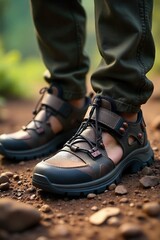 Rugged Tactical Sandals Close-up of Durable, Elevated-Heel Sandals Ideal for Adventurous Exploration and Demanding Terrain