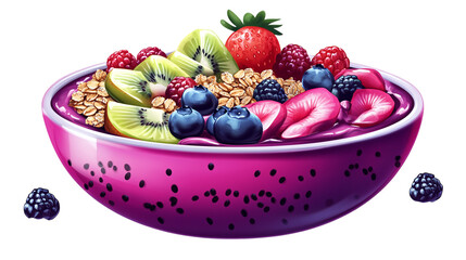 • A vibrant acai bowl topped with granola, fruits, and chia seeds, isolated on white background in HD 